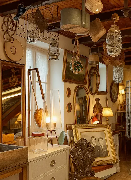 intérieur d'une brocante remplie de meubles et d'objets divers