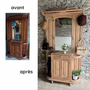 vestiaire ancien en chêne massif restauré. Présenté dans une grange en pierres apparentes. Avant et après restauration