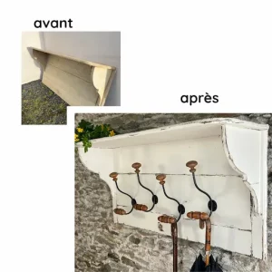porte manteau mural ancien blanc avec 4 patères anciennes 1900. Avant et après restauration