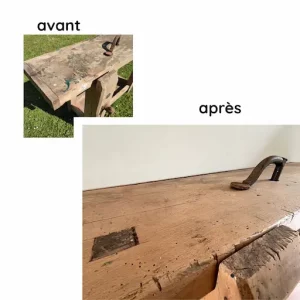établi ancien en hêtre. Avant et après restauration
