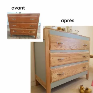 commode 3 tiroirs en pin peinte partiellement en vert sauge . Avant et après restauration