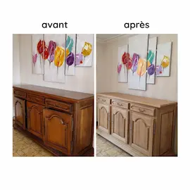 buffet en chêne avant et après restauration par aérogommage