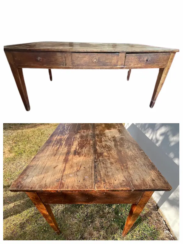 table de ferme dans son jus avant rénovation. photo prise dans un jardin