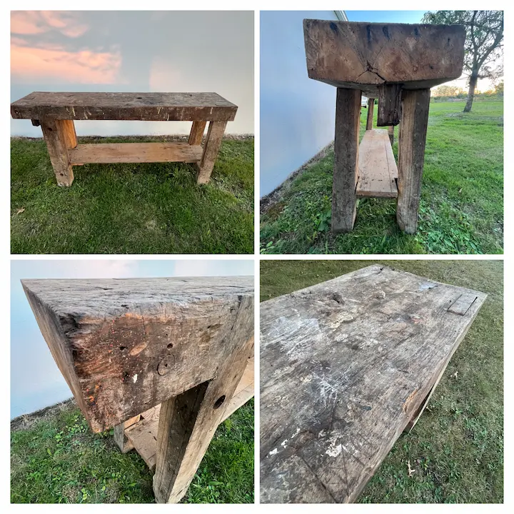 montage photo de 4 photos montrant sous différents angles un établi ancien dans son jus. L'établi est posé sur la pelouse verte.